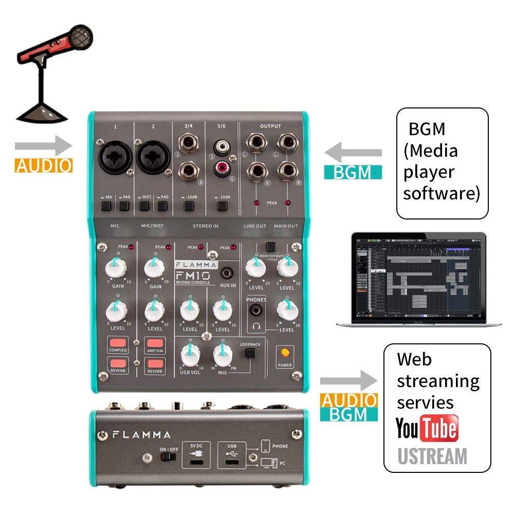 Flamma Fm10 Mixer 6 Canais De Mistura Console Placa De Som
