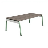 Table de formation rectangulaire moderne avec plateau en noyer foncé, structure en métal vert, bords arrondis, bureau de conférence, salle de réunion Yeddkin