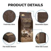 Sachet d'emballage haut de gamme noir et or à fond plat, scellé sur huit côtés, avec valve, pour café en grains torréfiés et expresso, idéal pour le marquage à chaud