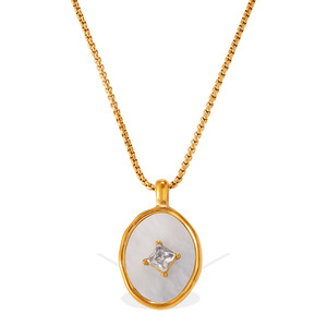 Collar con colgante redondo de nácar estilo europeo con incrustaciones de circonita, acero inoxidable, elegante para uso diario. - Product Image 5