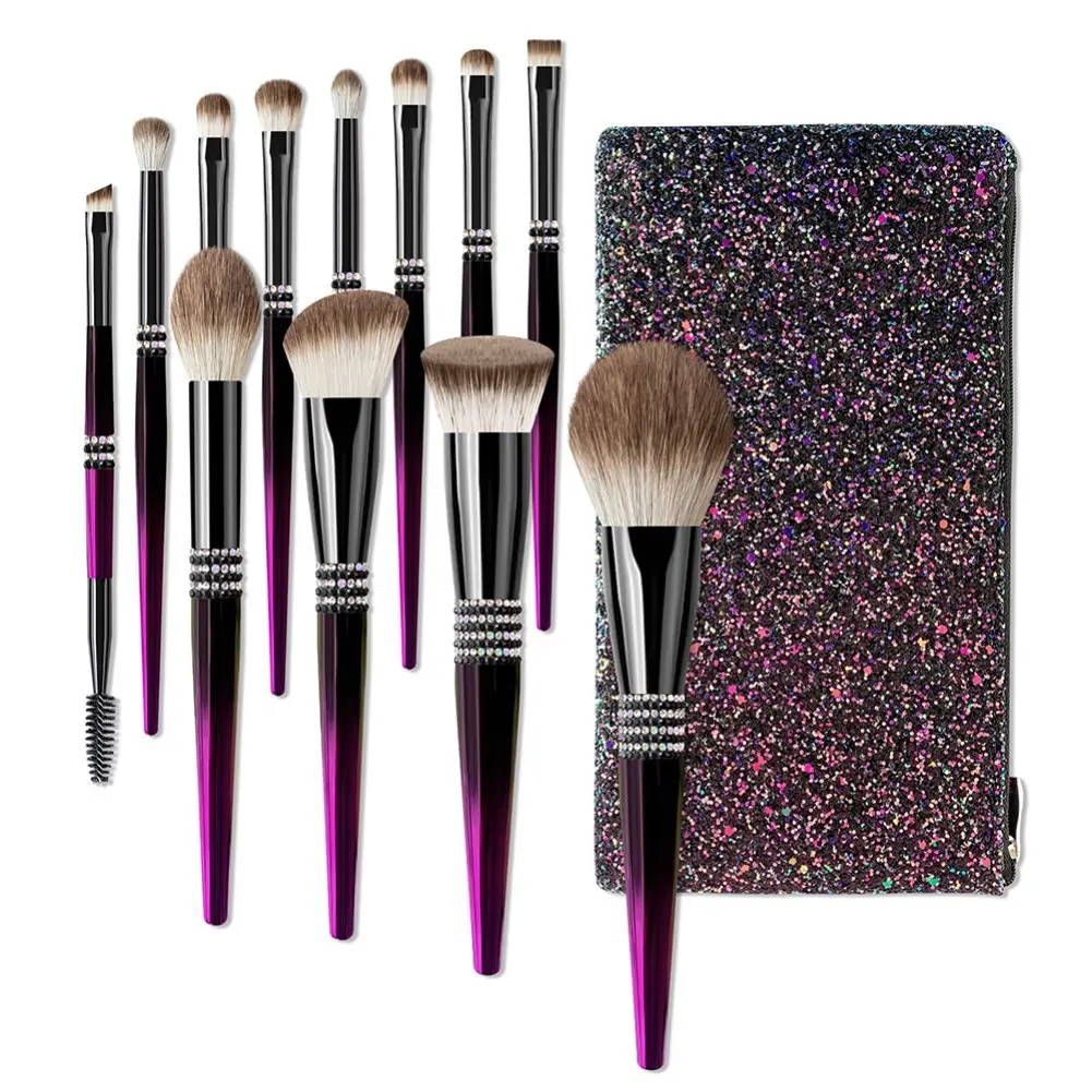 High Quality 12PCS Professional Private Label Makeup Tools Cosmetic Beauty Brushes Purple red Makeup Brush Set with Holder