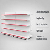 Étagère gondole double face pour magasin de détail, panneau arrière perforé blanc, garniture avant rouge, étagère réglable