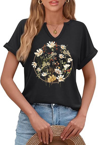 T-shirt décontracté en coton pour femmes, imprimé floral vintage, col en V, manches retroussées - Product Image 5