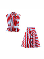 Ensemble deux pièces rayé pour femme, chemisier sans manches à col nœud et peplum, jupe midi taille haute, tenue décontractée élégante pour femme