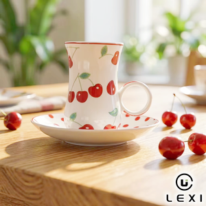Classico <span class=keywords><strong>Piattino</strong></span> in Ceramica Rosso a Pois <span class=keywords><strong>con</strong></span> Tazza Abbinata <span class=keywords><strong>con</strong></span> Stampa di Ciliegie, Ideale per Servizio Tè del Pomeriggio o Set Regalo - Product Image 1