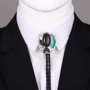 Western Cowboy Turquoise Feather Bolo <b>Tie</b> for <b>Men</b> Vintage Hand Carved Alloy <b>Black</b> Braided Leather Cord Necklace Bolo <b>Tie</b> - Product Image 6
