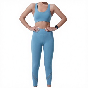 Ensemble de sport en maille solide couleur chair, pantalon de yoga taille haute, respirant, en Spandex/Nylon, et soutien-gorge de sport à dos en X - Product Image 3