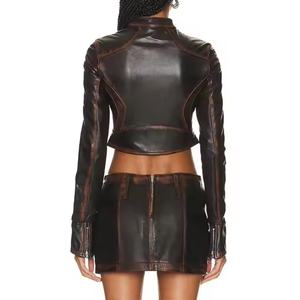 Nuevo Diseño de Alta Calidad, Conjunto de Cuero para Mujer, Chaqueta Corta Sexy con Cierre, Falda en Línea A, Falda de Cuero Deslavada con Efecto Ácido, Traje de Falda para Mujer - Product Image 2