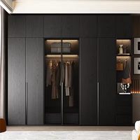 Armoire noire rétro française avec portes en verre cintrées et coiffeuse intégrée |   Conception personnalisable du sol au plafond