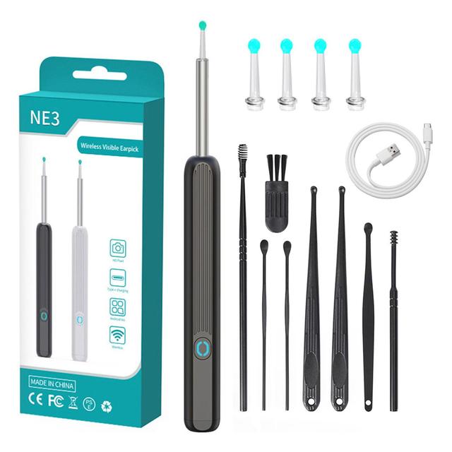 Black Integrated Spoon Head Ear Wax Removal-Earwax Removal Tool Visual Earpick Ear Cleaner With Camera With Light