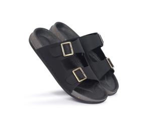 Sandales classiques noires à double boucle, bout ouvert, dessus synthétique, semelle extérieure en liège, pantoufles d'été antidérapantes avec doublure en EVA - Product Image 5