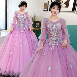 Purple Puff Sleeve Tutu Dress Long Skirt Stage Performance Women Adult Vocal Exam Host Annual Meeting Dress - Product Image 1