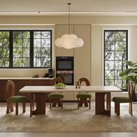 Meubles de salon de luxe, table basse longue en bois de chêne avec plateau en marbre, table à manger moderne en bois et chaises