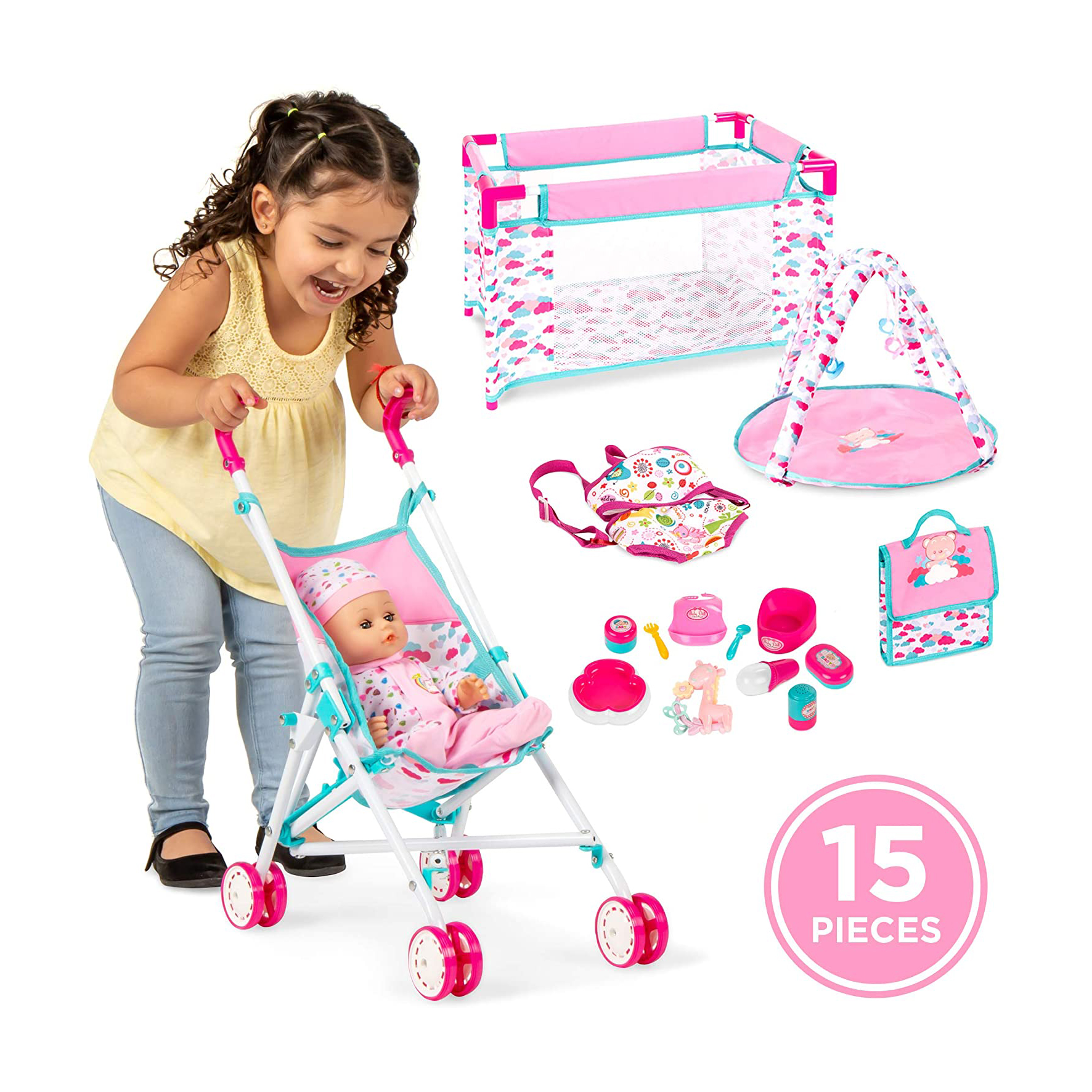 Детская кукла для новорожденных, 15 предметов, дюйма, комплект для ролевых игр с сумкой для детской коляски, аксессуары