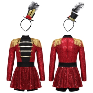 Conjunto de disfraz de circo Ringmaster para niñas de 6 a 16 años, mono con mini sombrero de copa y diadema de plumas para cosplay, disfraces y actuaciones. - Product Image 3
