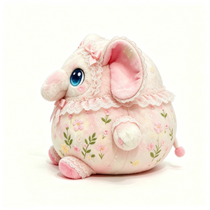 Peluche de Elefante Redondo Estilo Lolita Personalizado, Peluche de Elefante Regordete y Esponjoso con Bordado Floral - Product Image 1