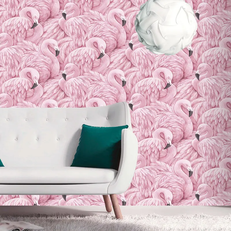 Customized Nordic Modern Home Interior Decoration Beautiful 3D Landscape Pink Little Girls Bedroom Wall Mural Flamingo Wallpaper