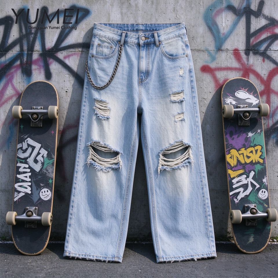 Custom 13.5oz Y2K Baggy Denim Pants for Men Destroyed Ripped Distressed ...