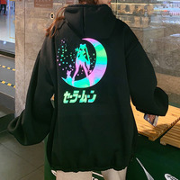 Sudadera con capucha informal para mujer, de gran tamaño, reflectante, con bolsillos grandes, de Anime, Sailor Moon, iluminada, con hombro caído