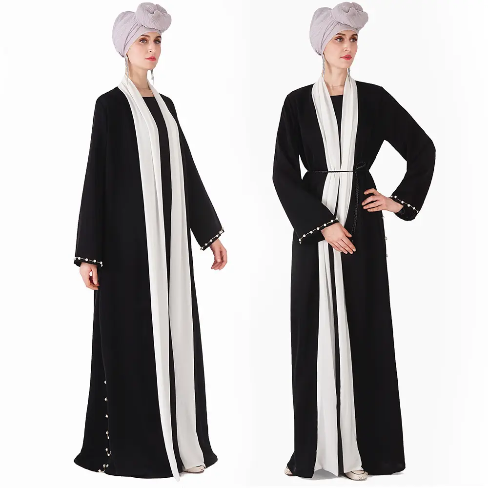 여성 아바야 두바이 이슬람 드레스 우아한 이슬람 기모노 블랙 니다와 진주와 오픈 아바야