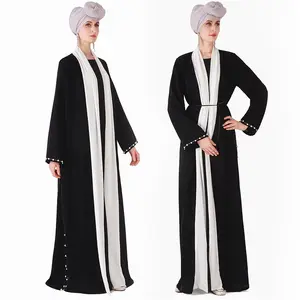 Donne abaya dubai abiti musulmani elegante kimono musulmano nero nida aperto abaya con perle
