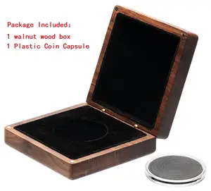 Single Walnut Wood Challenge Coin Presentation Display Gift Box Storage Case and Plastic Coin Capsules