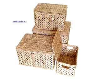 Wholesale Set of Four Zigzag Boxes Water Hyacinth Weave With Hole Handle Storage Boxes Home Decor Eco-Friendly