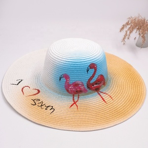Chapeau de plage en paille de papier flamant rose étoile de mer <span class=keywords><strong>Capeline</strong></span> peinture à la main pour femmes - Product Image 1