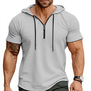 T-shirt à capuche à manches courtes pour homme, couleur unie, tricoté, coupe classique, écologique, respirant, en polyester/coton compressé teint uni - Product Image 1