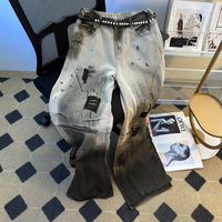 Ensemble 2 pièces pour homme : Veste déchirée à perles et Jean large en denim, Nouvelle collection automne, Style mode urbaine, Manteau tie-dye rétro et Pantalon