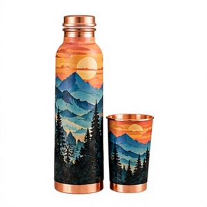 Ensemble artistique de bouteille et de tasse en cuivre, motif sublimé Coucher de soleil en montagne et Forêt, pour l'extérieur - Product Image 1