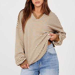 2025 nouvelle chemise à manches longues à col en v de couleur unie pour femmes à la mode avec revers à rayures décontracté surdimensionné pour un usage quotidien - Product Image 4