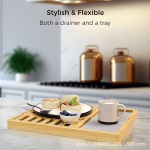 Wooden <b>Dish</b> <b>Rack</b> With Tray Square Multipurpose Quick Dry Desktop Storage For Kitchenware - Product Image 3