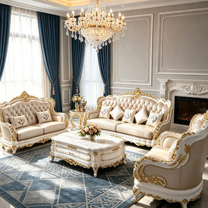 Ensemble de canapés en cuir véritable de luxe européen, 3 places, <span class=keywords><strong>2</strong></span> places, fauteuil, cadre en bois sculpté doré, salon, style classique palais - Product Image 6