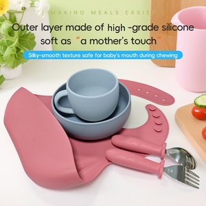 Non Toxic Double Wall Stainless Steel Kids <b>Dinner</b> <b>Set</b> with Suction Base Silicone Bib and Cup 6 Piece - Product Image 2