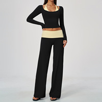 Ensemble de yoga Lcool Color Block effet deux pièces pour femme, haut à manches longues et pantalon large taille haute, respirant, pour la gym et l'entraînement sportif