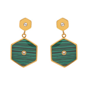 Hexagon Geometric <b>Stud</b> <b>Earrings</b> Green Stripe Gold Plated Party Fashion Jewelry - Product Image 3