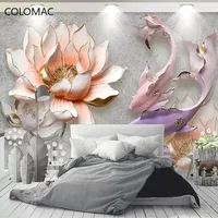 Papel Tapiz Personalizado con Foto 3D, Estampado en Relieve de Loto y Pez, Murales Grandes para Pared, Pintura Mural Moderna para Sala de Estar, Papel Tapiz Autoadhesivo