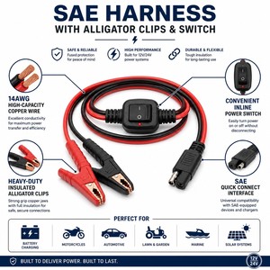 SAE Verlengkabel Automotive Bedradingskabel Assemblage 8FT 16AWG IP65 Waterdicht met Aan/Uit Schakelaar Gouden Clips 12V-60V DC - Product Image 3