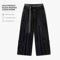 Fabricant de jeans en denim sur mesure, jeans pour hommes de style streetwear, 16 oz, poids lourd, vintage, noir uni, pantalon large à patchwork, pantalon baggy