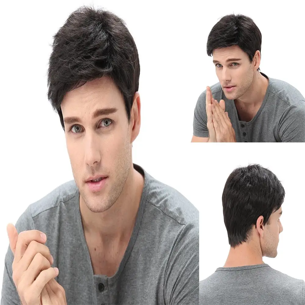 Man Synthetic Wigs Natural Black Short Wavy Wigs With High Temperature Fiber Daily Wear Curl Fashion Hairstyle Male Wig