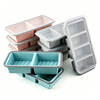 Boîte à lunch en silicone à 2/3/4 compartiments avec couvercle, compatible micro-ondes et congélateur, pour la préparation des repas, les restes et la nourriture pour bébé, gris