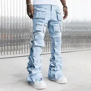 Calça jeans larga para homens, roupa de grife personalizada OEM, calça jeans larga com vários bolsos, slim fit lavada com pedra, ideal para homens