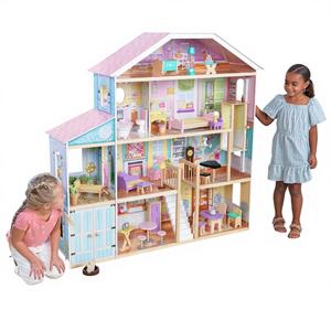 Grande maison en bois éducative rose et bleue à construire soi-même avec accessoires, jouets pour filles - Product Image 1