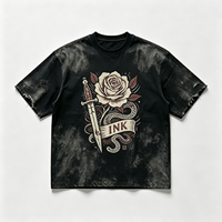 T-shirt délavé pour homme, style old school, imprimé graphique tatouage rose, poignard, serpent, en coton épais, vente en gros, commande en gros, direct usine