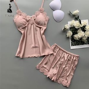Conjunto de Pijamas Sexy de Renda com Bordado em Duas Peças, Confortável em Seda Satinada, Sem Mangas, Curto, para Mulheres - Product Image 5