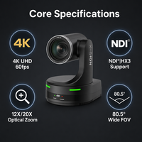 Kamera 4K Ultra HD PTZ NDI HX3 60fps 12/20X Optical Zoom AI Auto Tracking PoE/SDI/USB/IP Sistem Konferensi Streaming Langsung Peredam Kebisingan
