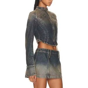 Ensemble de jeans en denim pour femmes de haute qualité, comprenant une veste courte sexy à fermeture éclair et une jupe trapèze en denim délavé à l'acide, style costume pour femmes - Product Image 2