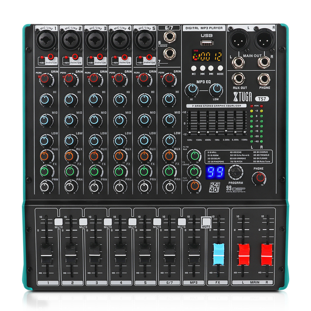 GPUB TS7 Professional 7-Channel Audio Mixer 99 DSP Effects 48V Phantom MP3 7-Band Balanced Power for Studio/DJ Use