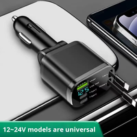 Chargeur de voiture rétractable 5 en 1 PD 65w à charge rapide, adaptateur de chargeur de voiture rétractable USB, chargeur de voiture portable de type C 4 en 1 avec câbles